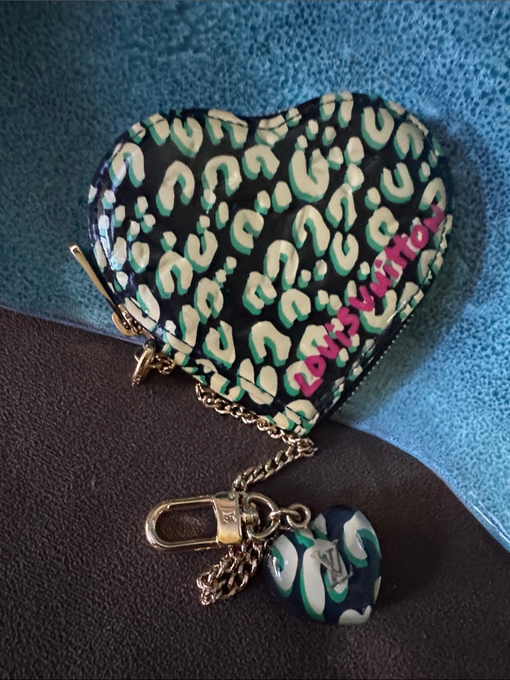 LV Limited Edition Heart Zip Coin Pouch Bag CharmKeychain in Green Leopard Print